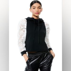 Alice + Olivia Muffy Puff Sleeve Lace Hoodie Sweatshirt Pullover Cropped Raw Hem